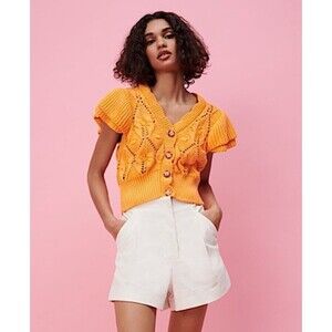 Zara Orange Knit Vest Crochet Cardigan Sweater with Ruffle Flutter Sleeve Sz S